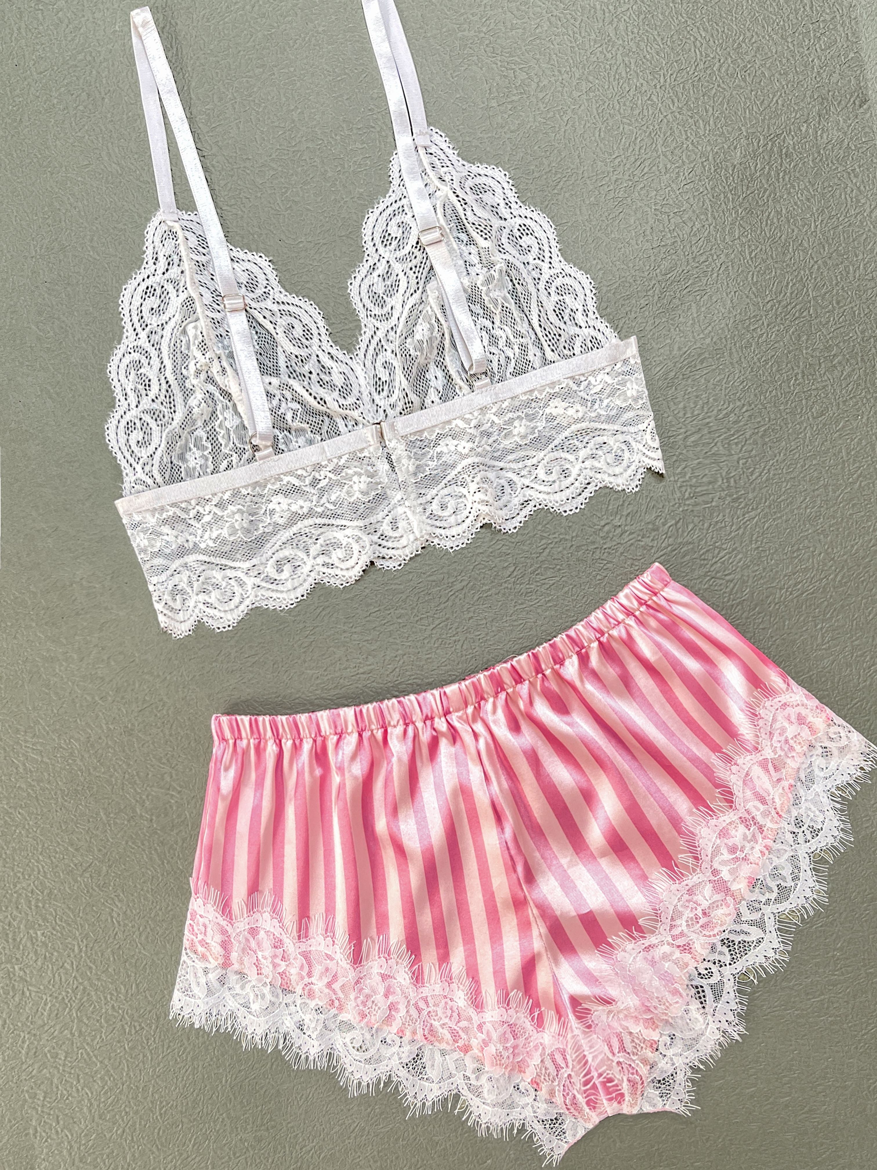 2pcs Women's Elegant Pajama Set - Lace Stitching & Scallop Trim V Neck Cami Top with Striped Shorts, Smooth Polyester Fabric, Semi-Sheer, Summer Sleepwear & Loungewear | Spaghetti Strap Design | Bow Details | Hand Wash Only